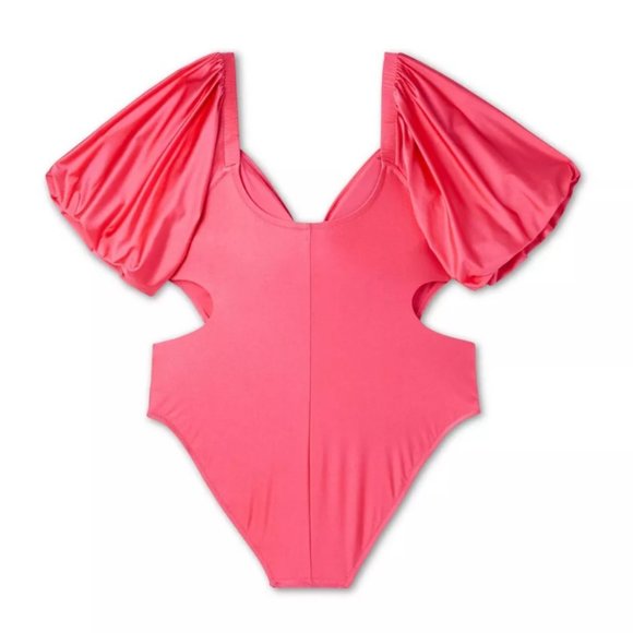 NWT Fe Noel Metallic Puff Sleeve Cut Out Medium Coverage One Piece Swimsuit - Picture 5 of 5